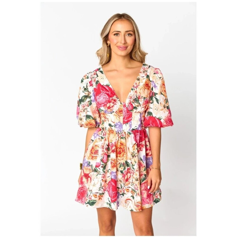 NEW Buddy Love BONNIE Dress XS Sweetheart Puff Sleeve Open Back Keyhole Roses